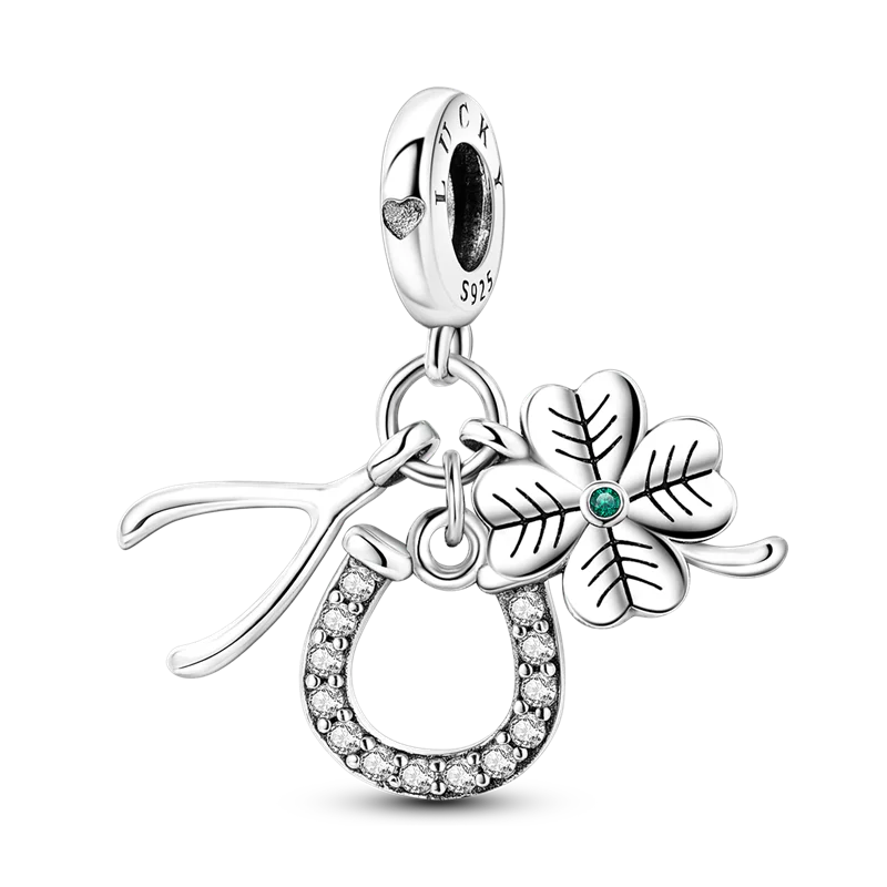 925 Sterling Silver Green Series Four Leaf Clover Lucky Butterfly Pendant Fit Original  Bracelet Charm Beads DIY Jewelry