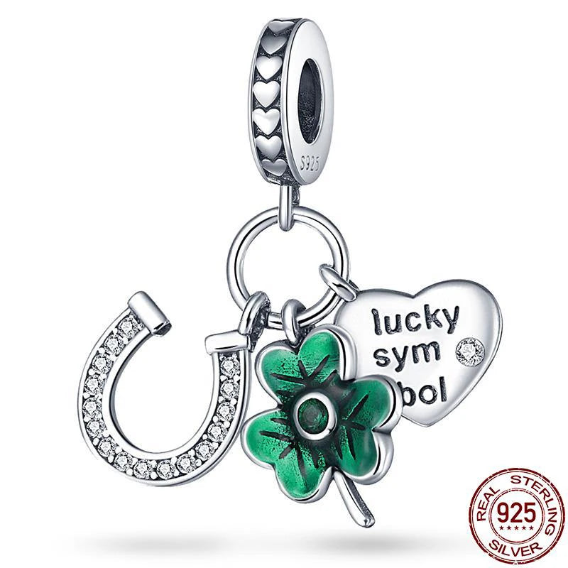 925 Sterling Silver Green Series Four Leaf Clover Lucky Butterfly Pendant Fit Original  Bracelet Charm Beads DIY Jewelry