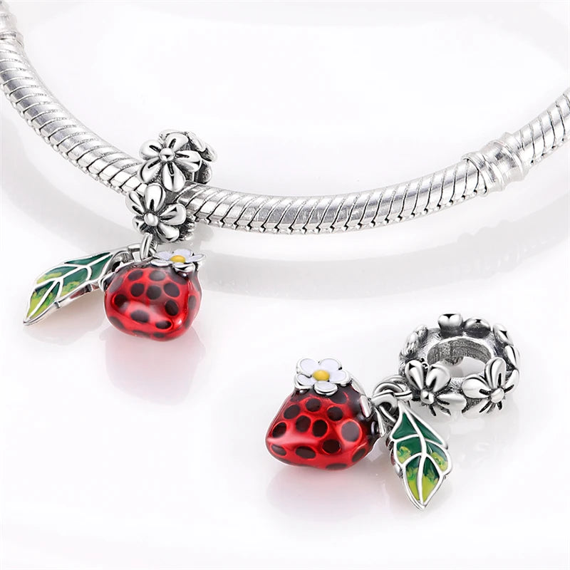 925 Silver Strawberry Ladybird Cars Lipstick Fashion Woman Red Charms Beads Fit Pandach 925 Original Bracelets DIY Jewelry Gift