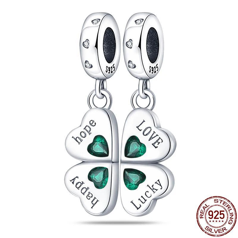 925 Sterling Silver Green Series Four Leaf Clover Lucky Butterfly Pendant Fit Original  Bracelet Charm Beads DIY Jewelry