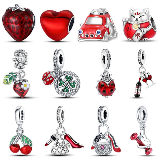 925 Silver Strawberry Ladybird Cars Lipstick Fashion Woman Red Charms Beads Fit Pandach 925 Original Bracelets DIY Jewelry Gift