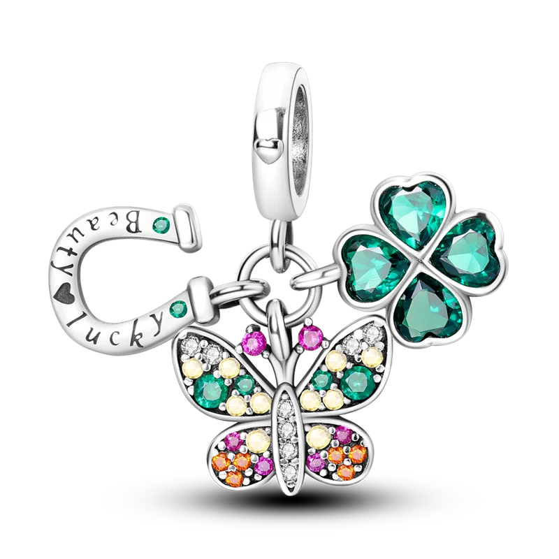 925 Sterling Silver Green Series Four Leaf Clover Lucky Butterfly Pendant Fit Original  Bracelet Charm Beads DIY Jewelry