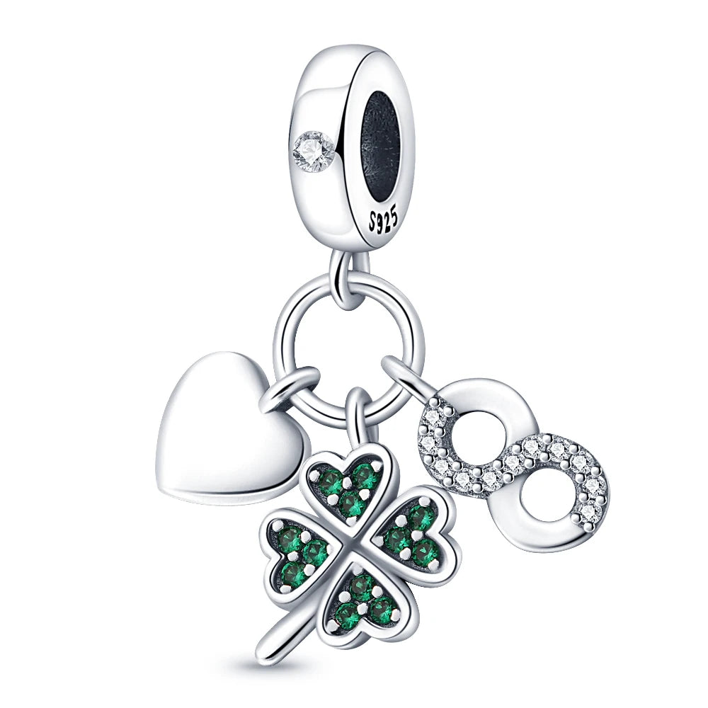 925 Sterling Silver Green Series Four Leaf Clover Lucky Butterfly Pendant Fit Original  Bracelet Charm Beads DIY Jewelry