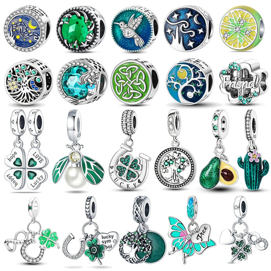 925 Sterling Silver Green Series Four Leaf Clover Lucky Butterfly Pendant Fit Original  Bracelet Charm Beads DIY Jewelry